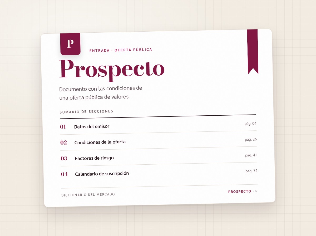 Documento de prospecto abierto con un señalador en una sección importante